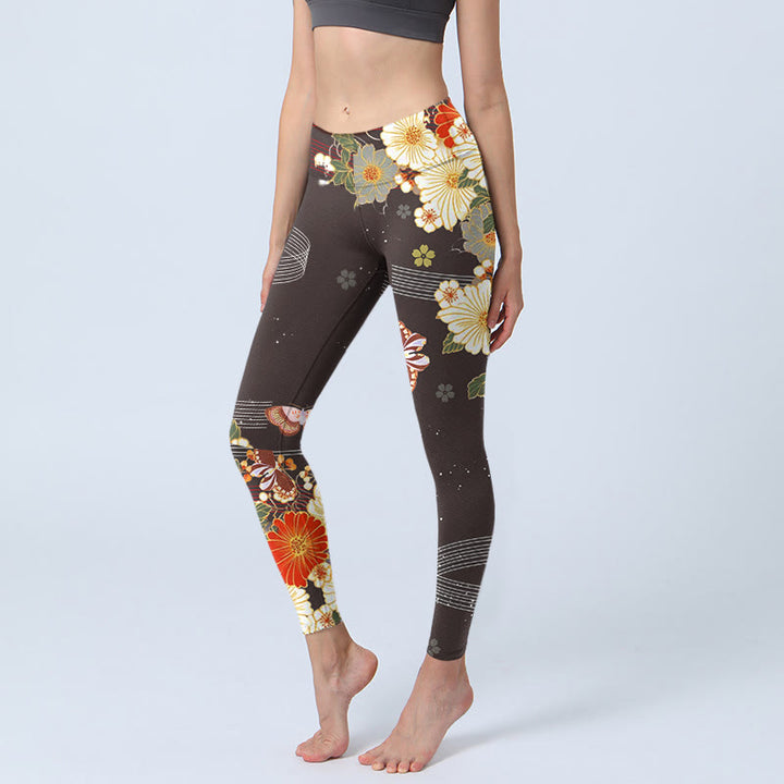 Leggings de yoga para mujer con estampado floral de mariposas y Buddha Stones - SaddleBrown - US18，UK/AU22，EU50 (4XL) - image 0