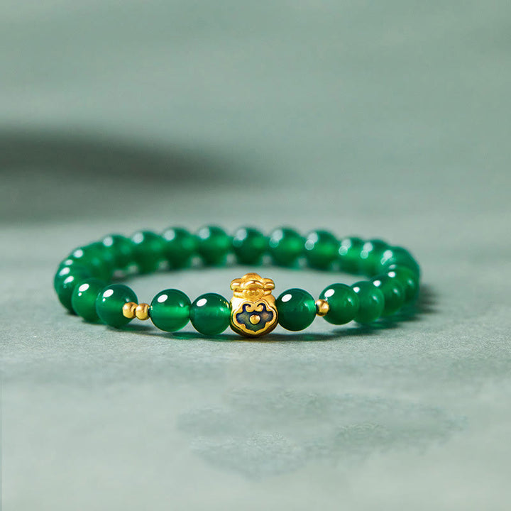 Pulsera de plata de ley 999 con Buddha Stones y calcedonia verde