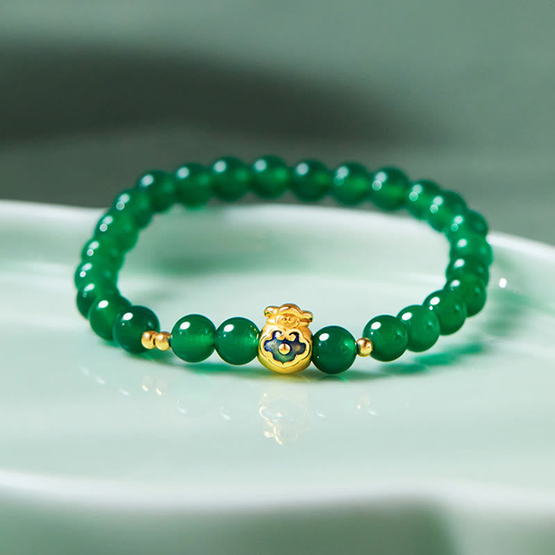 Pulsera de plata de ley 999 con Buddha Stones y calcedonia verde