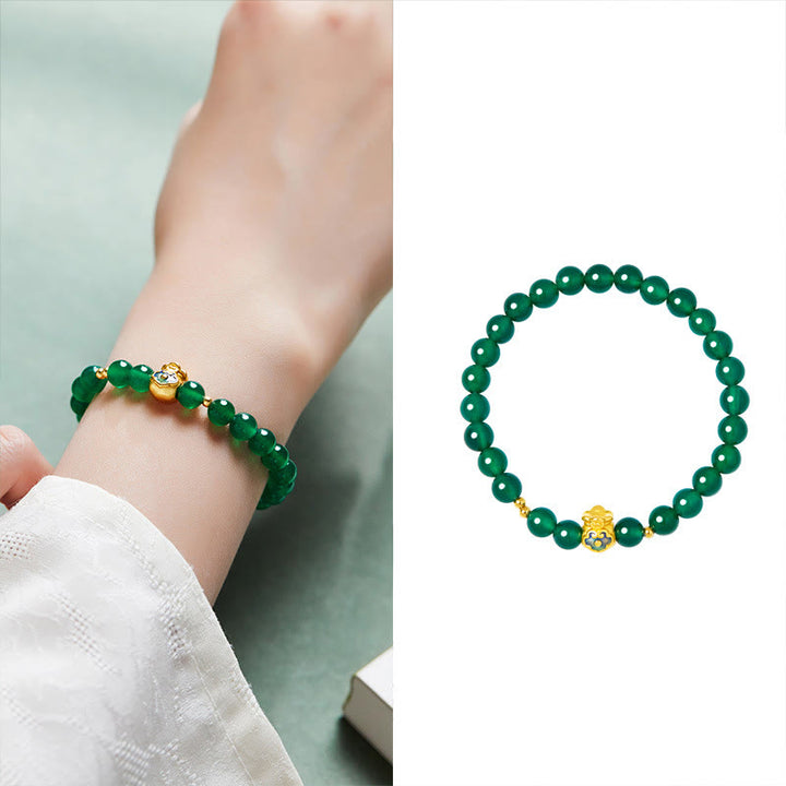 Pulsera de plata de ley 999 con Buddha Stones y calcedonia verde