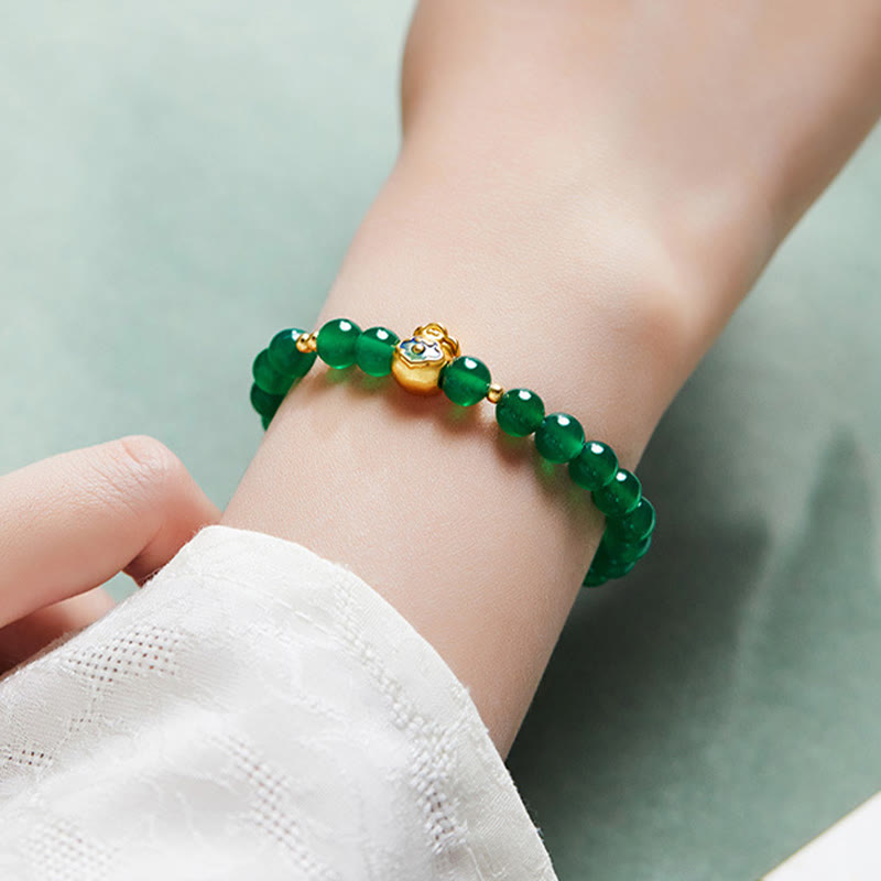 Pulsera de plata de ley 999 con Buddha Stones y calcedonia verde
