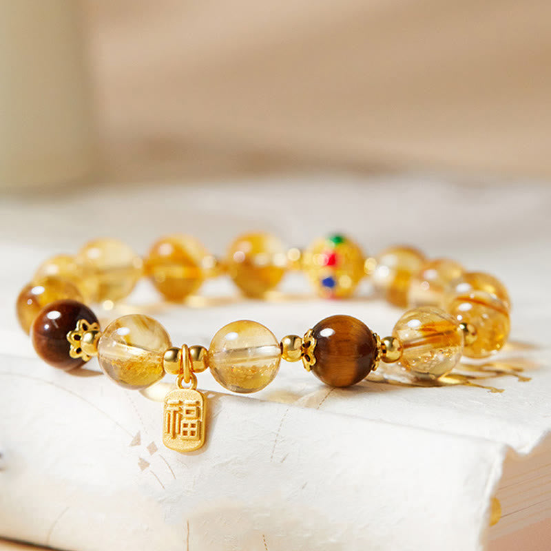 Pulsera de protección con Buddha Stones en plata de ley 925 con carácter Fu, citrino y ojo de tigre