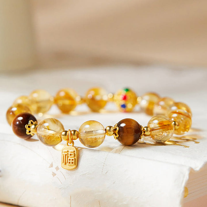 Pulsera de protección con Buddha Stones en plata de ley 925 con carácter Fu, citrino y ojo de tigre