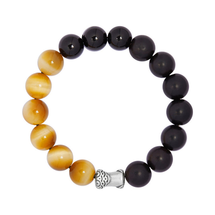 Pulsera relajante de obsidiana negra, ébano y ojo de tigre de plata de ley 999 con Buddha Stones