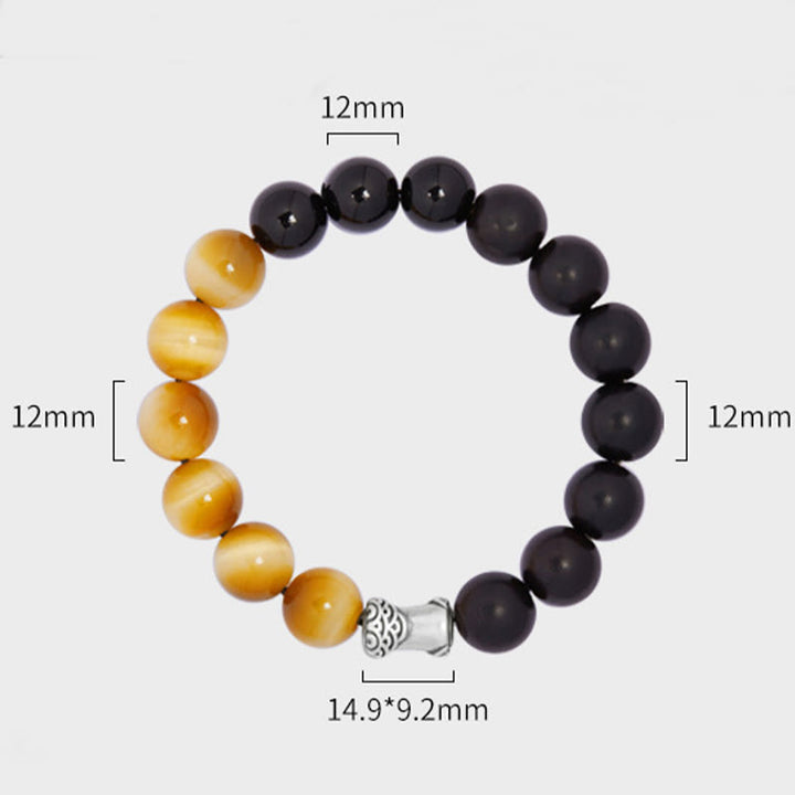Pulsera relajante de obsidiana negra, ébano y ojo de tigre de plata de ley 999 con Buddha Stones