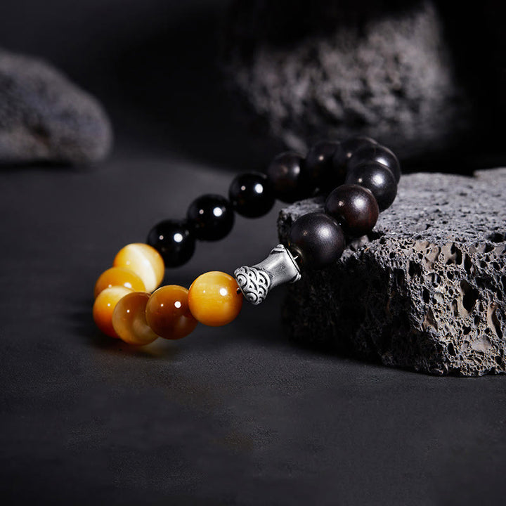 Pulsera relajante de obsidiana negra, ébano y ojo de tigre de plata de ley 999 con Buddha Stones