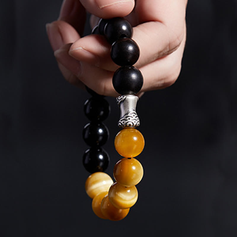 Pulsera relajante de obsidiana negra, ébano y ojo de tigre de plata de ley 999 con Buddha Stones