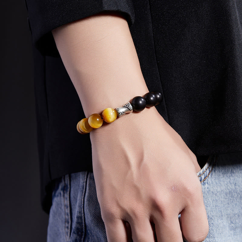 Pulsera relajante de obsidiana negra, ébano y ojo de tigre de plata de ley 999 con Buddha Stones - image 8