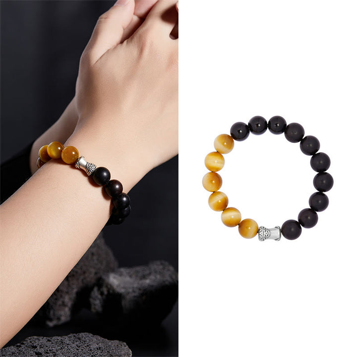 Pulsera relajante de obsidiana negra, ébano y ojo de tigre de plata de ley 999 con Buddha Stones