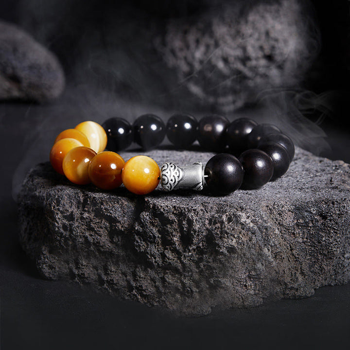 Pulsera relajante de obsidiana negra, ébano y ojo de tigre de plata de ley 999 con Buddha Stones