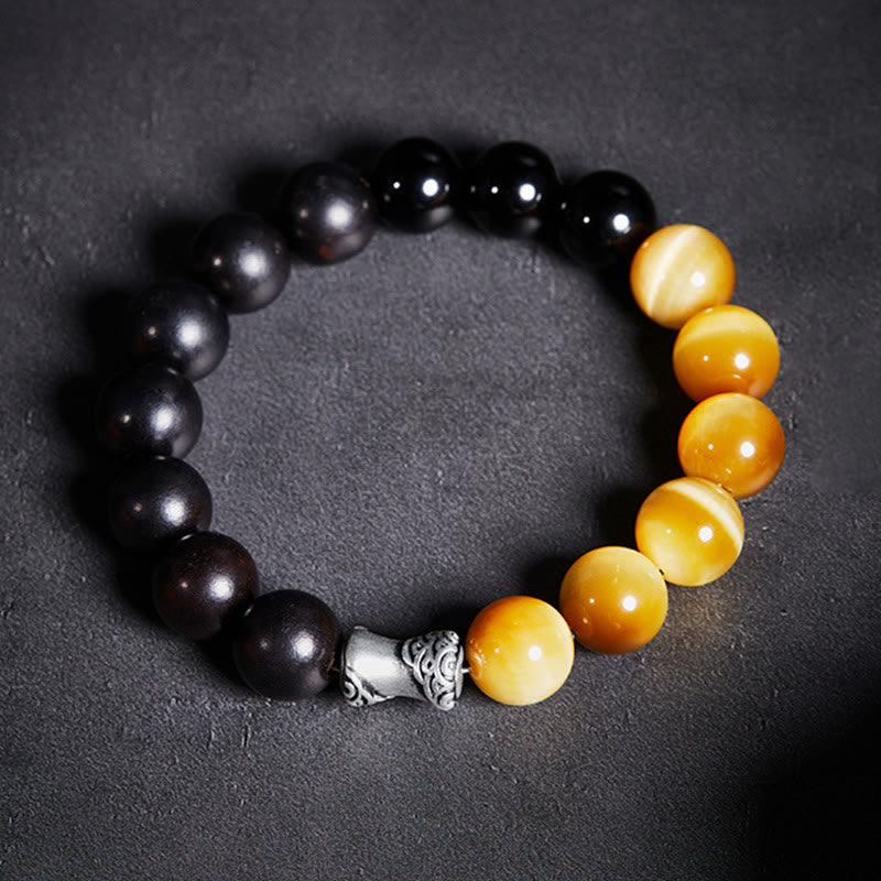 Pulsera relajante de obsidiana negra, ébano y ojo de tigre de plata de ley 999 con Buddha Stones