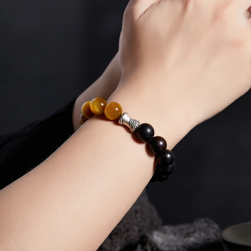 Pulsera relajante de obsidiana negra, ébano y ojo de tigre de plata de ley 999 con Buddha Stones
