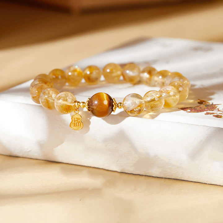 Pulsera de prosperidad con Buddha Stones en plata de ley 925 con carácter de calabaza y citrino y ojo de tigre