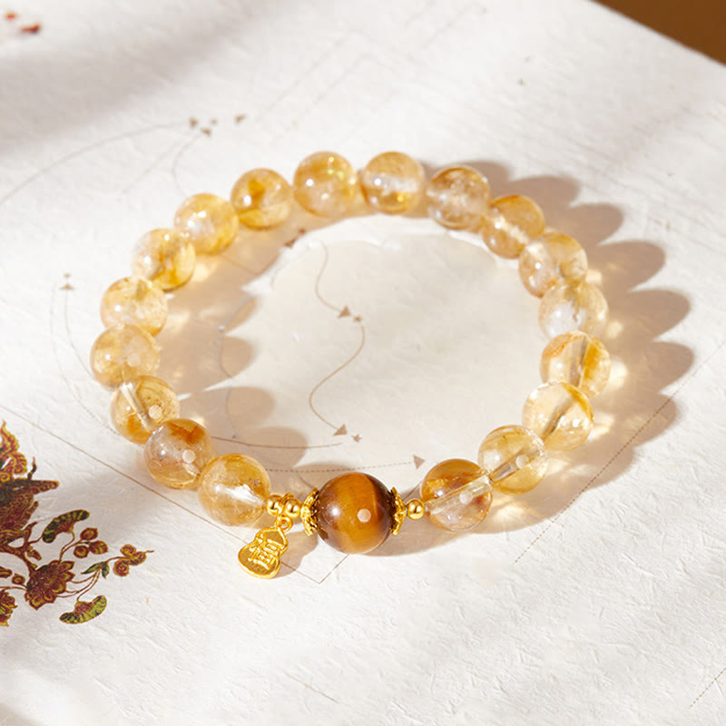 Pulsera de prosperidad con Buddha Stones en plata de ley 925 con carácter de calabaza y citrino y ojo de tigre