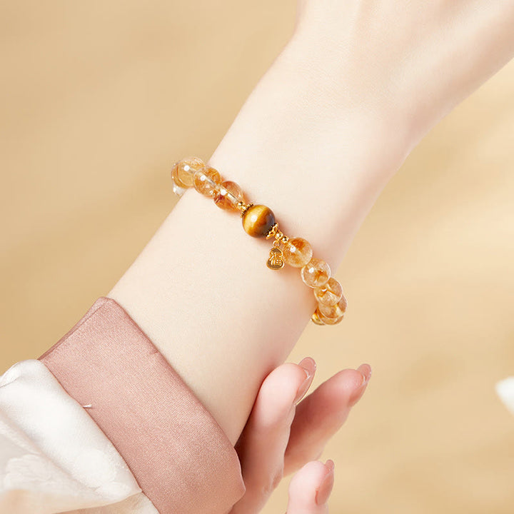 Pulsera de prosperidad con Buddha Stones en plata de ley 925 con carácter de calabaza y citrino y ojo de tigre