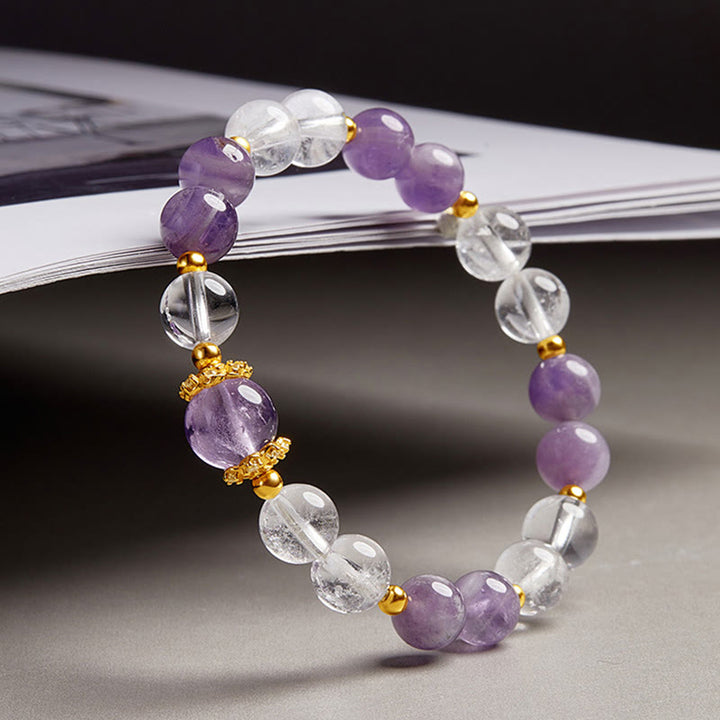 Pulsera de equilibrio de cristal blanco y amatista natural de plata de ley 925 con Buddha Stones