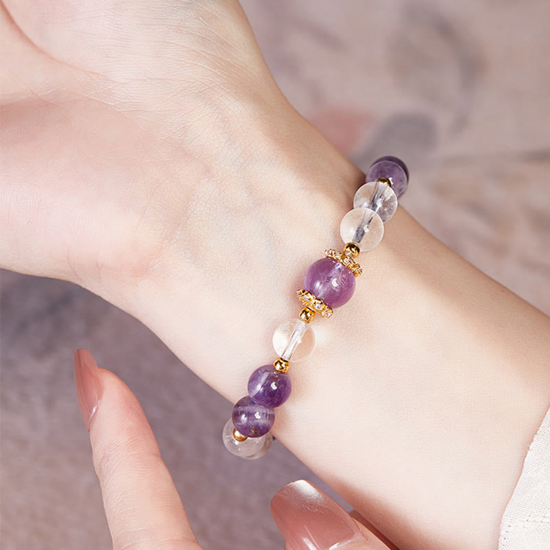 Pulsera de equilibrio de cristal blanco y amatista natural de plata de ley 925 con Buddha Stones