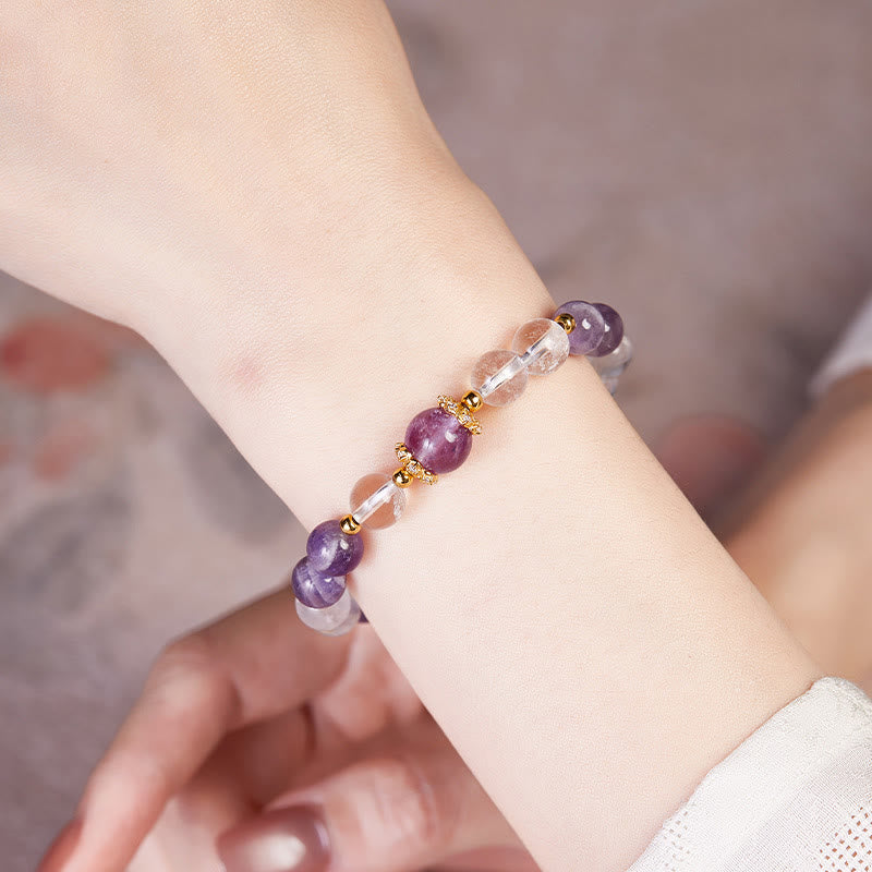 Pulsera de equilibrio de cristal blanco y amatista natural de plata de ley 925 con Buddha Stones