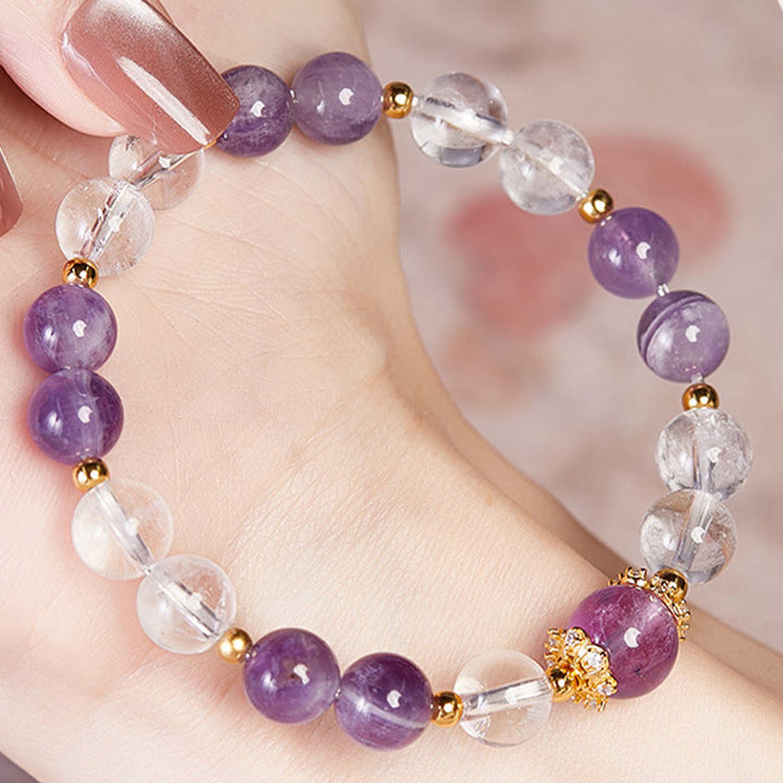 Pulsera de equilibrio de cristal blanco y amatista natural de plata de ley 925 con Buddha Stones