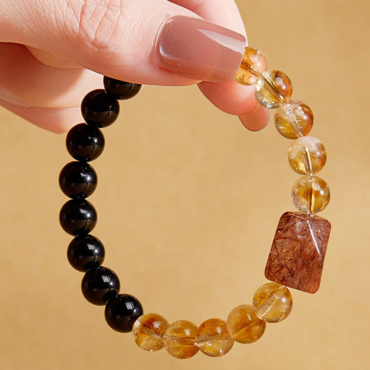 Pulsera de cristal de citrino y obsidiana negra natural de Buddha Stones con siete cristales de fuerza
