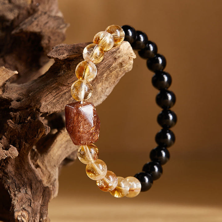 Pulsera de cristal de citrino y obsidiana negra natural de Buddha Stones con siete cristales de fuerza