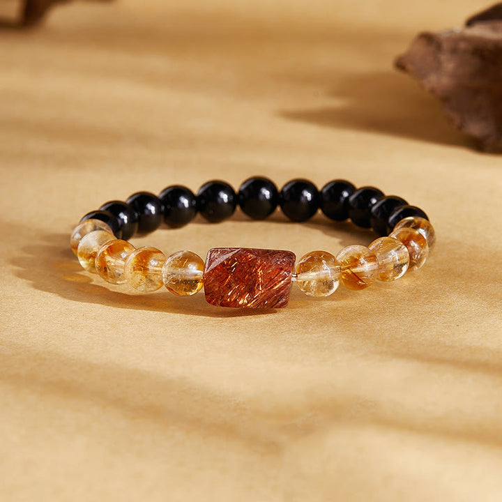 Pulsera de cristal de citrino y obsidiana negra natural de Buddha Stones con siete cristales de fuerza