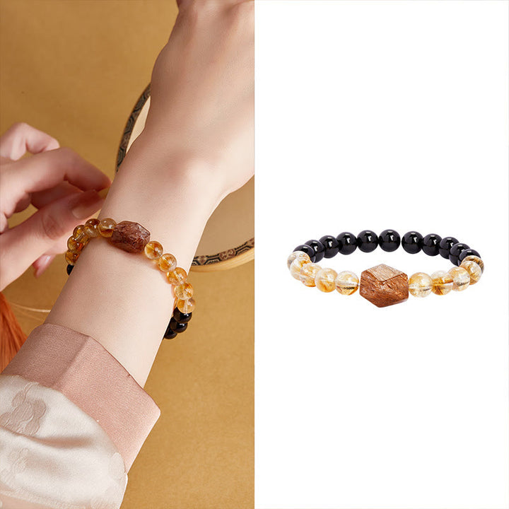 Pulsera de cristal de citrino y obsidiana negra natural de Buddha Stones con siete cristales de fuerza