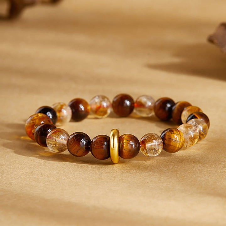 Pulsera de protección con hebilla de paz y citrino natural de ojo de tigre en plata de ley 999 con Buddha Stones - Citrino (circunferencia de la muñeca: 17-19 cm) - image 0