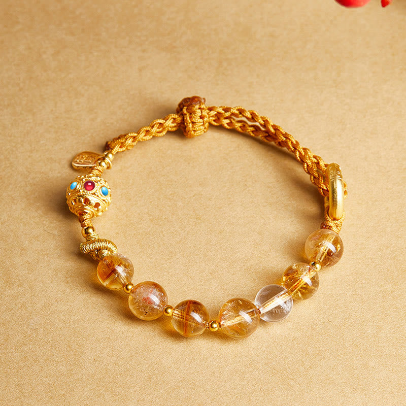 Pulsera trenzada de plata de ley 925 con Buddha Stones , citrino natural, cristal blanco, hebilla de paz, símbolo Fu, protección