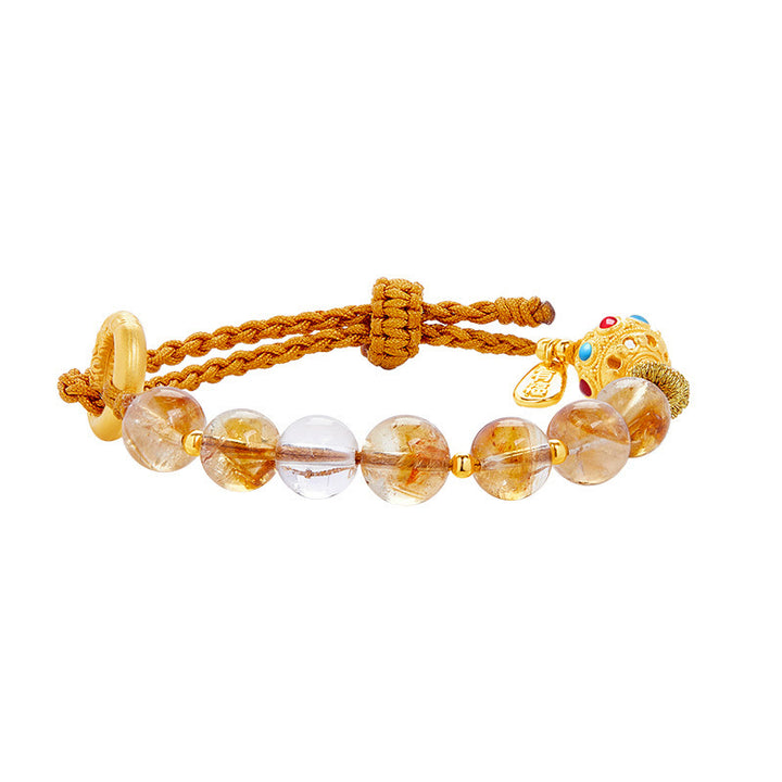 Pulsera trenzada de plata de ley 925 con Buddha Stones , citrino natural, cristal blanco, hebilla de paz, símbolo Fu, protección