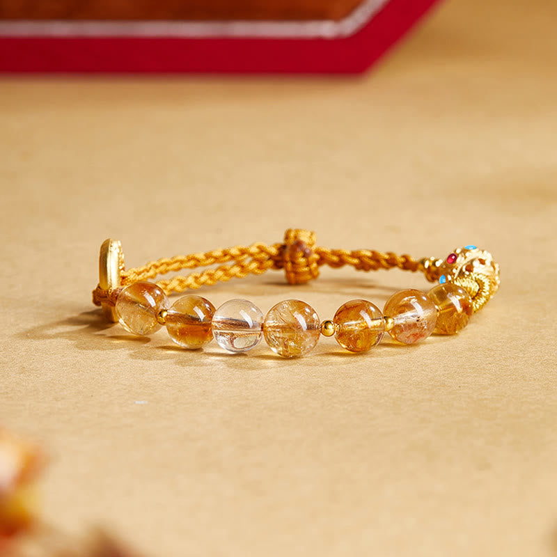 Pulsera trenzada de plata de ley 925 con Buddha Stones , citrino natural, cristal blanco, hebilla de paz, símbolo Fu, protección