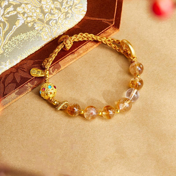 Pulsera trenzada de plata de ley 925 con Buddha Stones , citrino natural, cristal blanco, hebilla de paz, símbolo Fu, protección