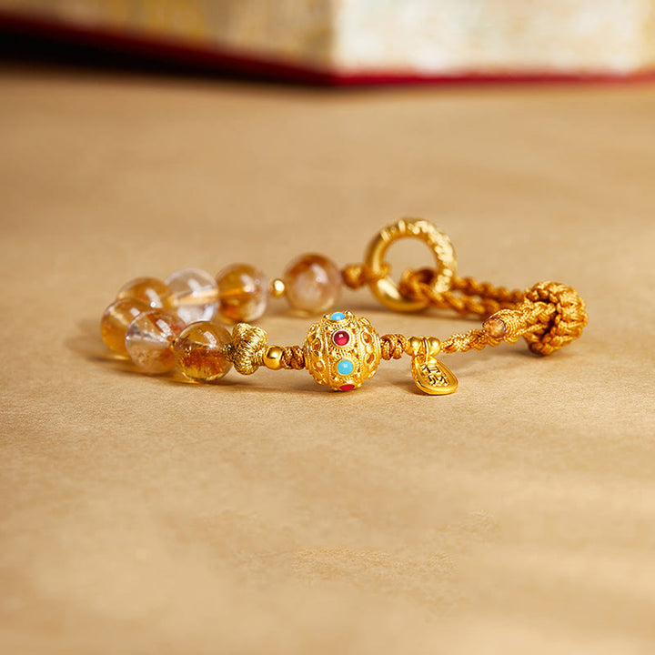 Pulsera trenzada de plata de ley 925 con Buddha Stones , citrino natural, cristal blanco, hebilla de paz, símbolo Fu, protección