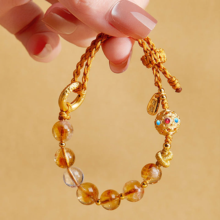 Pulsera trenzada de plata de ley 925 con Buddha Stones , citrino natural, cristal blanco, hebilla de paz, símbolo Fu, protección