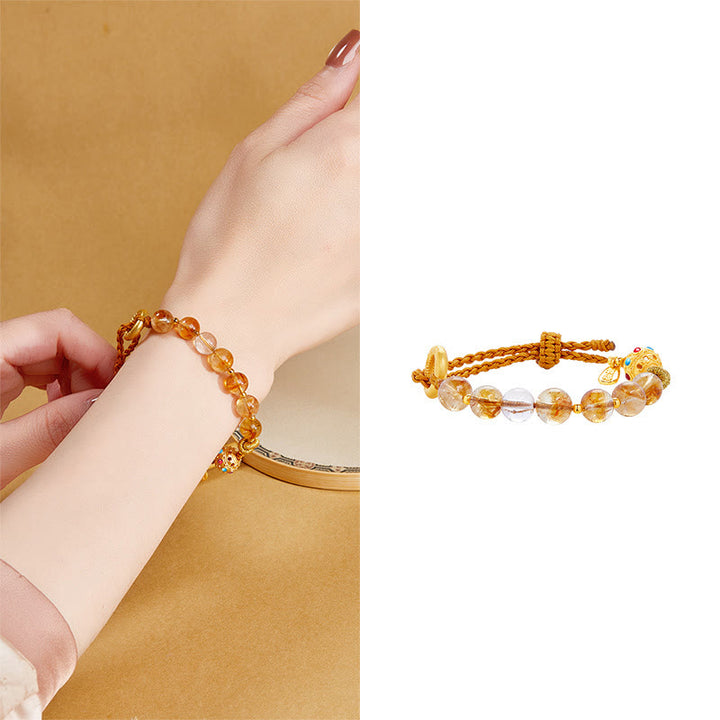 Pulsera trenzada de plata de ley 925 con Buddha Stones , citrino natural, cristal blanco, hebilla de paz, símbolo Fu, protección