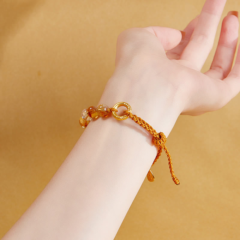 Pulsera trenzada de plata de ley 925 con Buddha Stones , citrino natural, cristal blanco, hebilla de paz, símbolo Fu, protección