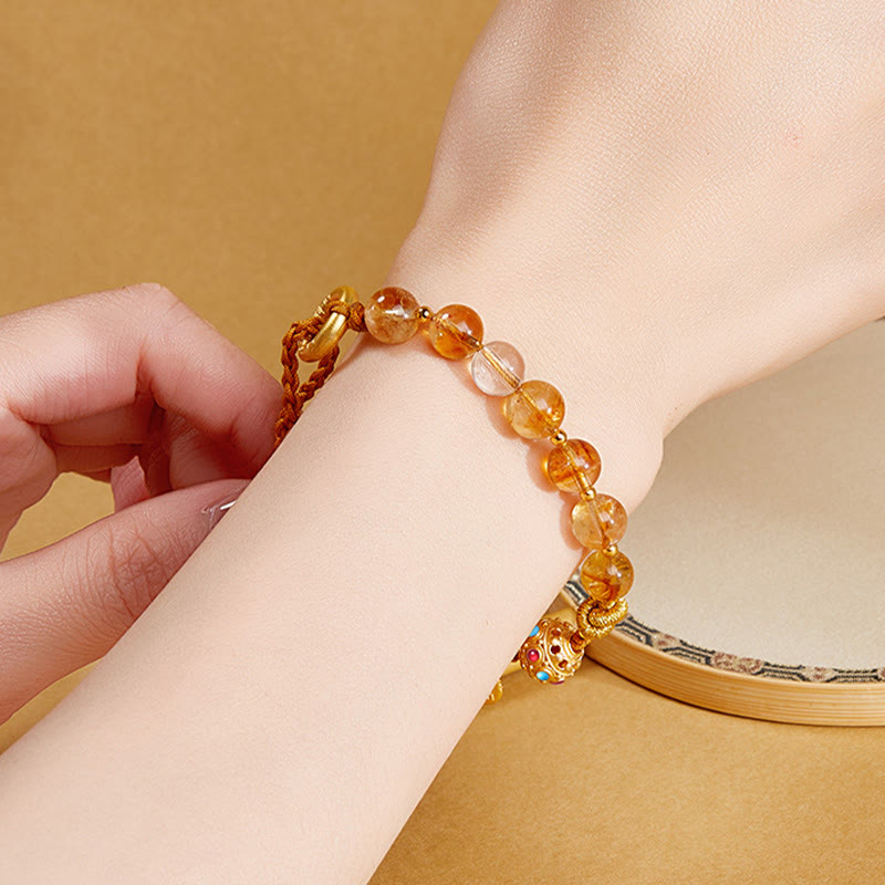 Pulsera trenzada de plata de ley 925 con Buddha Stones , citrino natural, cristal blanco, hebilla de paz, símbolo Fu, protección