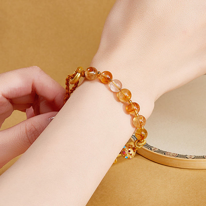 Pulsera trenzada de plata de ley 925 con Buddha Stones , citrino natural, cristal blanco, hebilla de paz, símbolo Fu, protección