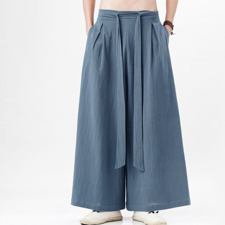 Pantalones deportivos casuales de primavera con cordón ajustable de Buddha Stones y lino para hombre, de pierna ancha y bolsillos.