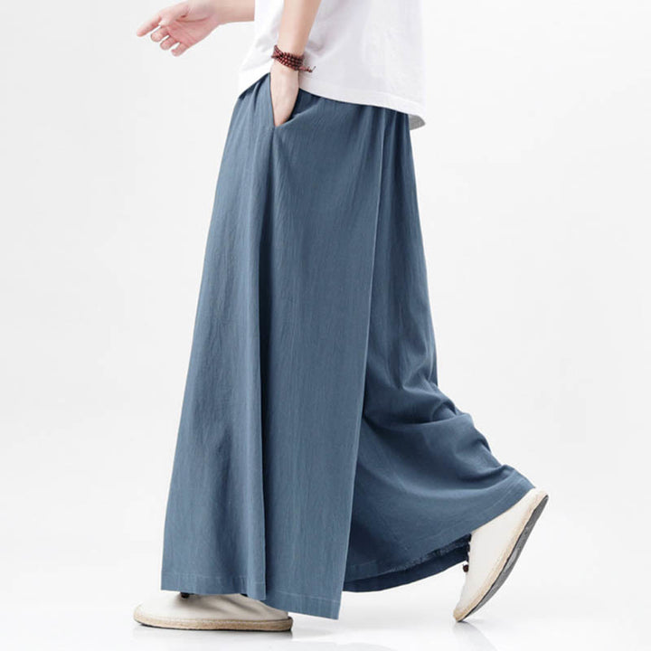 Pantalones deportivos casuales de primavera con cordón ajustable de Buddha Stones y lino para hombre, de pierna ancha y bolsillos.