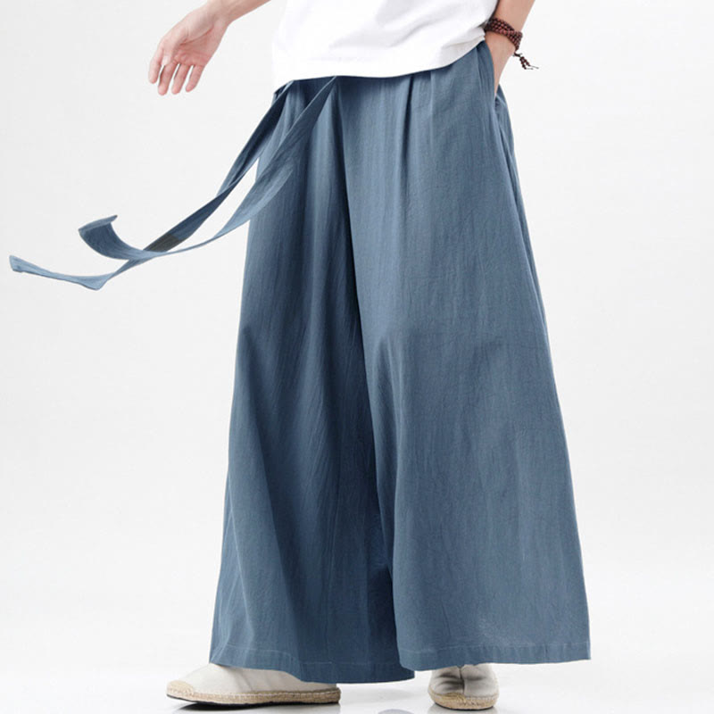 Pantalones deportivos casuales de primavera con cordón ajustable de Buddha Stones y lino para hombre, de pierna ancha y bolsillos.