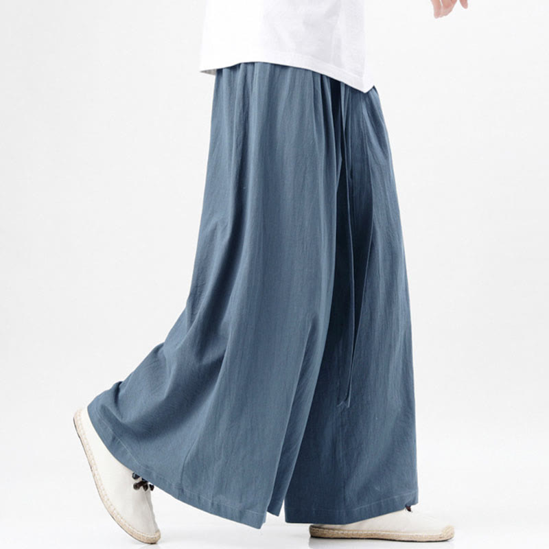 Pantalones deportivos casuales de primavera con cordón ajustable de Buddha Stones y lino para hombre, de pierna ancha y bolsillos.