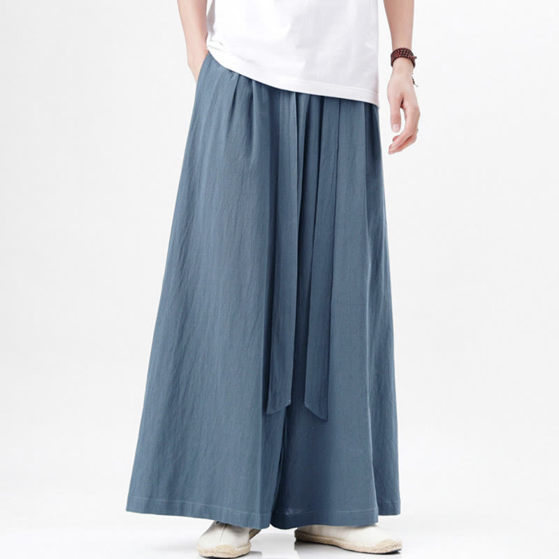 Pantalones deportivos casuales de primavera con cordón ajustable de Buddha Stones y lino para hombre, de pierna ancha y bolsillos.