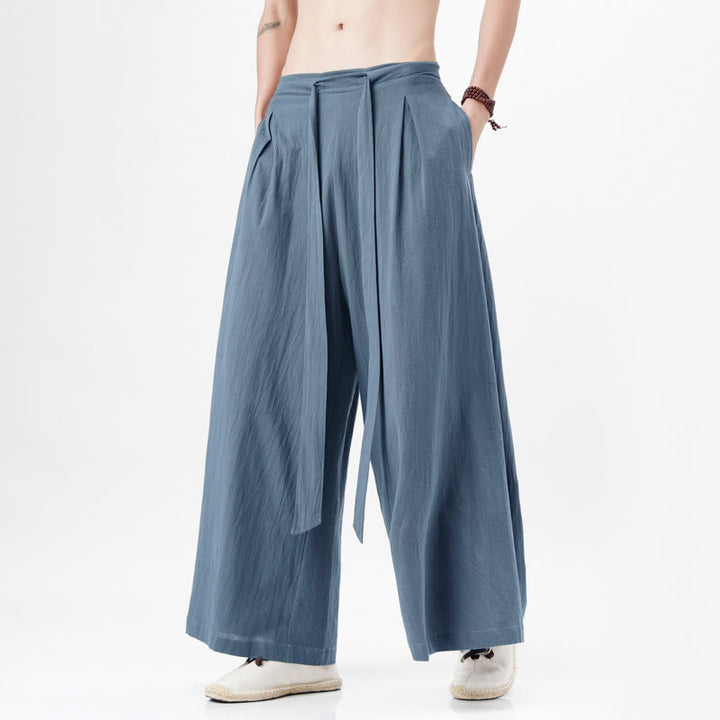Pantalones deportivos casuales de primavera con cordón ajustable de Buddha Stones y lino para hombre, de pierna ancha y bolsillos.