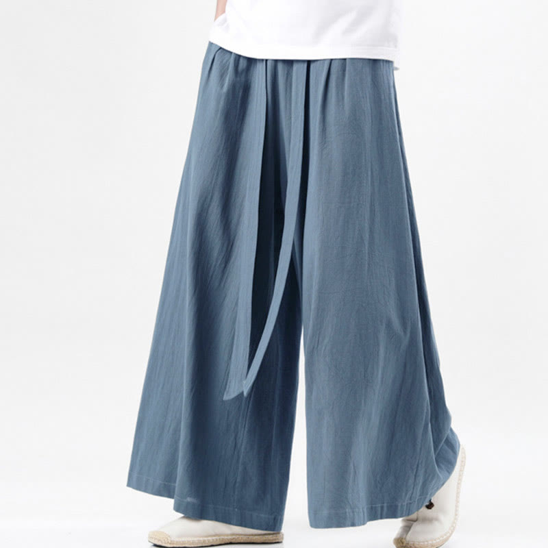 Pantalones deportivos casuales de primavera con cordón ajustable de Buddha Stones y lino para hombre, de pierna ancha y bolsillos.