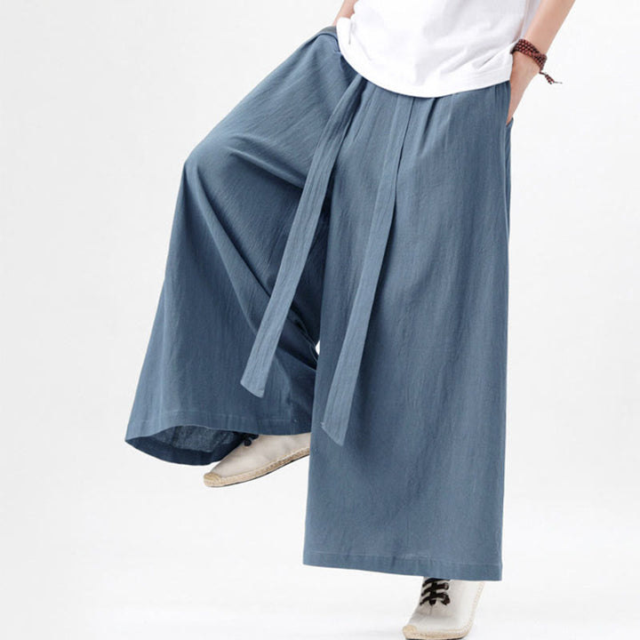 Pantalones deportivos casuales de primavera con cordón ajustable de Buddha Stones y lino para hombre, de pierna ancha y bolsillos.