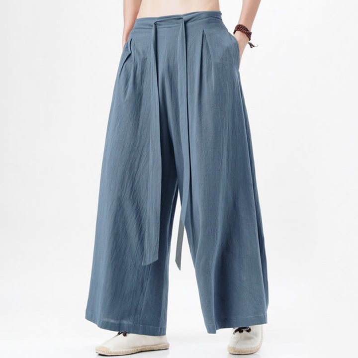 Pantalones deportivos casuales de primavera con cordón ajustable de Buddha Stones y lino para hombre, de pierna ancha y bolsillos.
