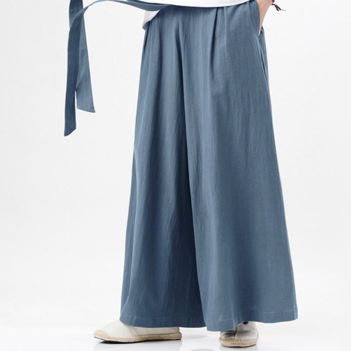 Pantalones deportivos casuales de primavera con cordón ajustable de Buddha Stones y lino para hombre, de pierna ancha y bolsillos.