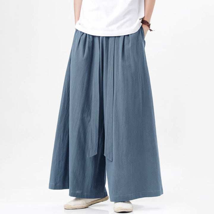 Pantalones deportivos casuales de primavera con cordón ajustable de Buddha Stones y lino para hombre, de pierna ancha y bolsillos.