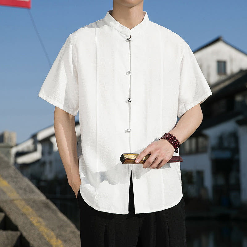 Camisa de algodón de media manga para hombre con diseño de botones frontales de color liso de verano con Buddha Stones - Blanco - US/UK/AU42, EU52 (3XL) - image 1
